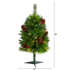 Nearly Natural 3 Ft. Montana Mixed Pine Artificial Christmas Tree With Pine Cones, Berries And 50 Clear Led Lights