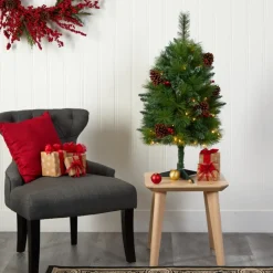 Nearly Natural 3 Ft. Montana Mixed Pine Artificial Christmas Tree With Pine Cones, Berries And 50 Clear Led Lights