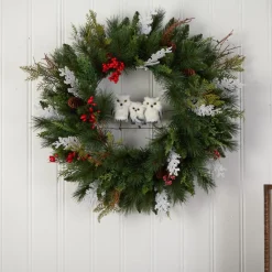 Nearly Natural 24 In. Holiday Owl Family Wreath Sale