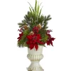 Nearly Natural 28 In. Poinsettia, Grass And Succulent Artificial Arrangement In White Urn Clearance