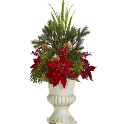 Nearly Natural 28 In. Poinsettia, Grass And Succulent Artificial Arrangement In White Urn Clearance