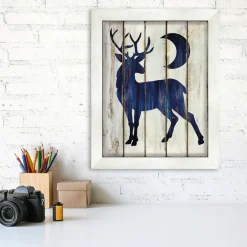 Courtside Market Buck And Moon 10.5" X 14" Wood Art - Navy Blue Clearance