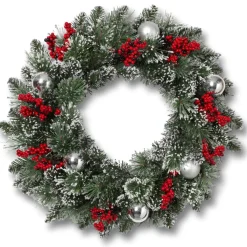 Gerson International 24"H Snow/Glitter Pine Wreath W/ Balls & Berries New