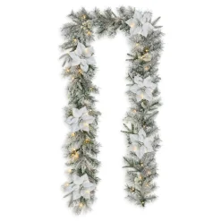 Glitzhome 9' Pre-Lit Snow Flocked Greenery Pine Poinsettia Garland Outlet
