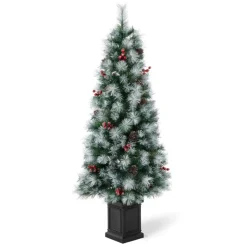 Glitzhome 5Ft Pre-Lit Artificial Christmas Porch Tree With Pinecones