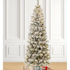 Glitzhome 7.5Ft Pre-Lit Flocked Pencil Green Pine Christmas Tree Clearance