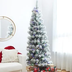 Glitzhome 7.5Ft Pre-Lit Flocked Pencil Green Pine Christmas Tree Clearance