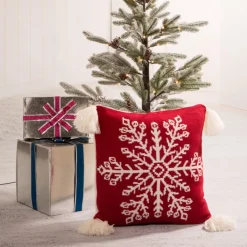 Glitzhome 18In Knitted Snowflake Acrylic Red Pillow Cover With Tassels Sale