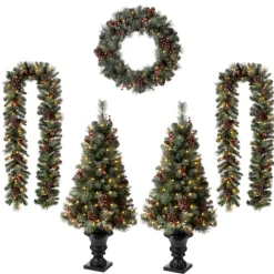 Glitzhome Led Glittered Christmas Wreath, 2Pk Garland, 2Pk Tree Outlet