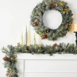 Glitzhome Led Glittered Christmas Wreath, 2Pk Garland, 2Pk Tree Outlet