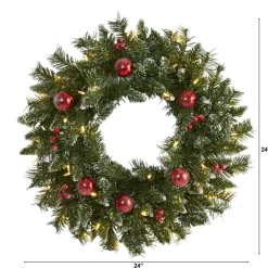 Nearly Natural 24 In. Frosted Christmas Wreath With 50 Lights Clearance