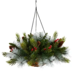 Nearly Natural 24 In. Holiday Pre Lit Berries Christmas Hanging Basket Outlet