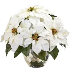 Nearly Natural 14 In. White Poinsettia In Designer Silver Bowl Hot