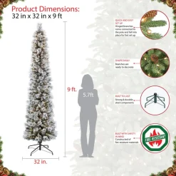 Puleo International 9' Pre-Lit Flocked Pencil Christmas Tree Outlet